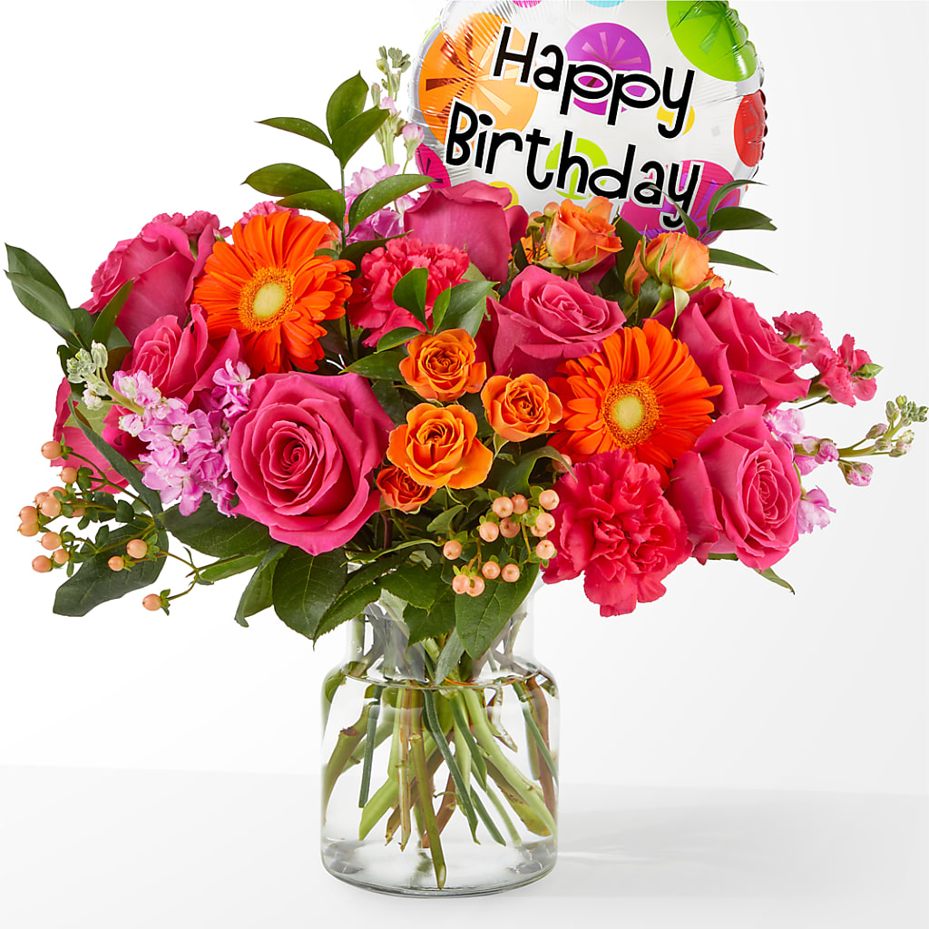 Fiesta Bouquet with Birthday Balloon – Sandelas Flower Shop, Chicago IL