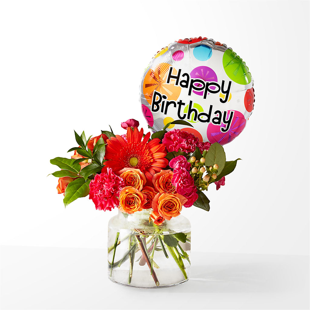 Fiesta Bouquet with Birthday Balloon – Sandelas Flower Shop, Chicago IL