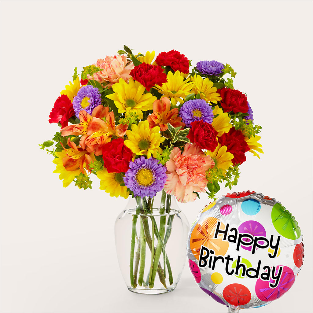 Kaleidoscope Bouquet with Birthday Balloon – Sandelas Flower Shop, Chicago IL
