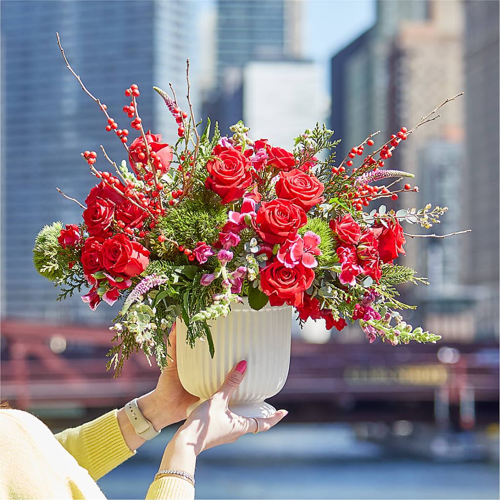 Big Red Bow Bouquet – Sandelas Flower Shop, Chicago IL