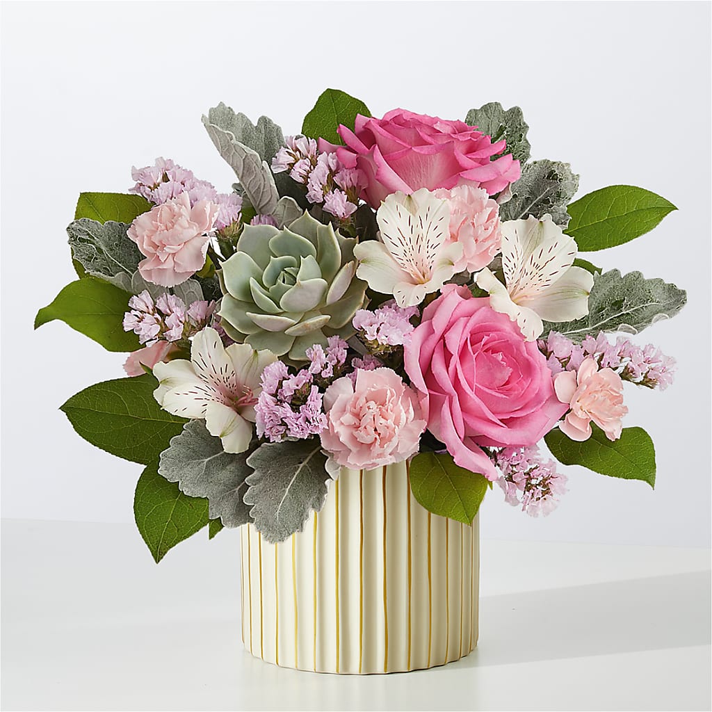 Dusty Rose Bouquet with Ivory Vase – Sandelas Flower Shop, Chicago IL