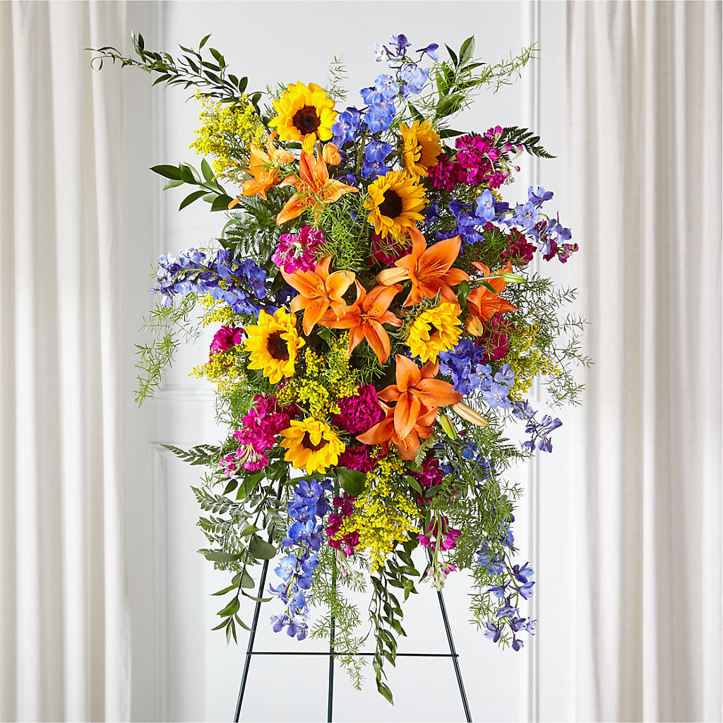 Sunlit Memories Standing Spray (Standard) – Sandelas Flower Shop, Chicago IL