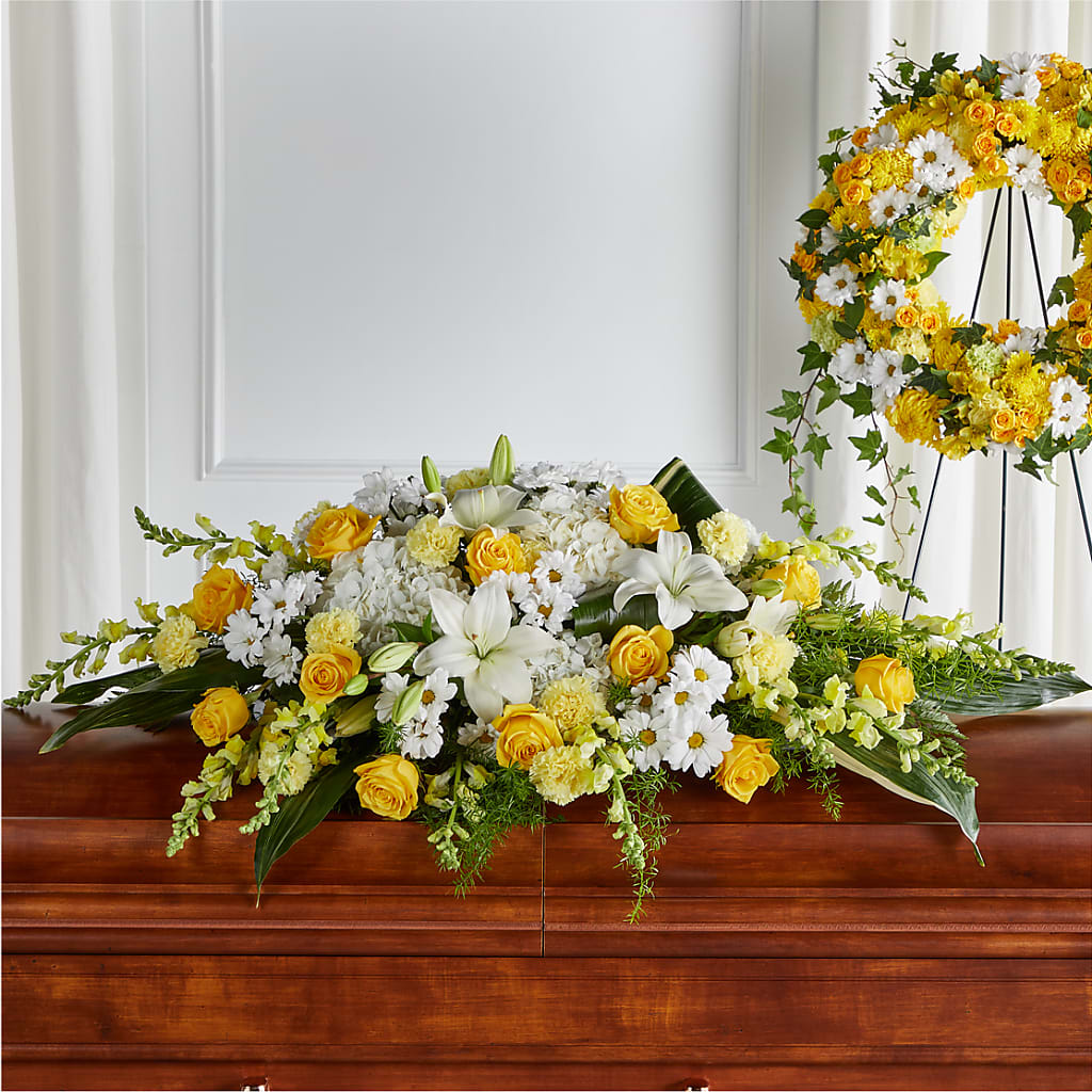 Golden Harmony Casket Spray – Sandelas Flower Shop, Chicago IL