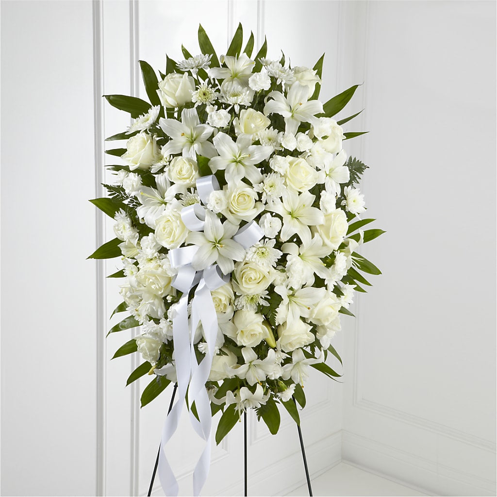 Exquisite Tribute Standing Spray-White Ribbon – Sandelas Flower Shop, Chicago IL