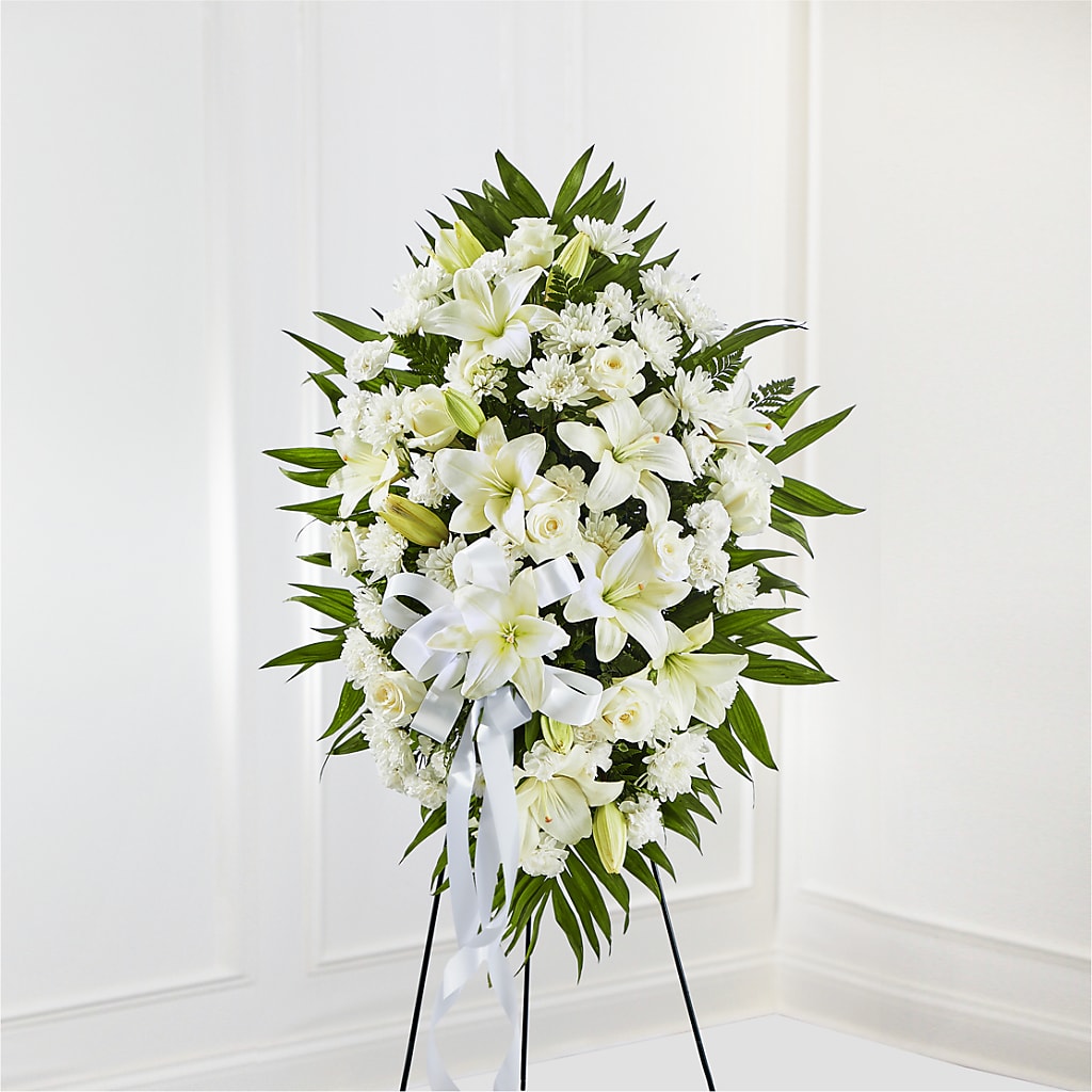 Exquisite Tribute Standing Spray-White Ribbon – Sandelas Flower Shop, Chicago IL