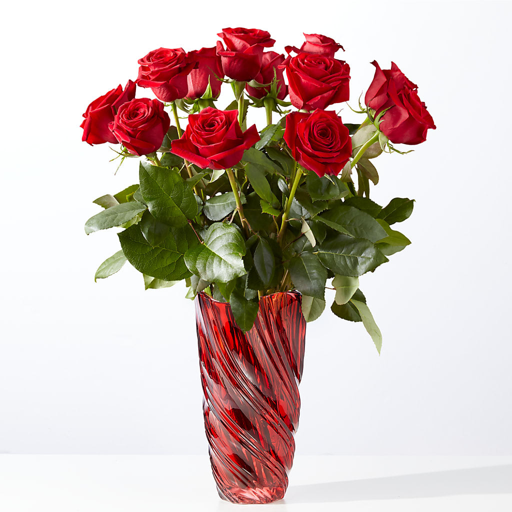 Classic Love Red Rose Bouquet with Luxe Swirl Vase – Sandelas Flower Shop, Chicago IL