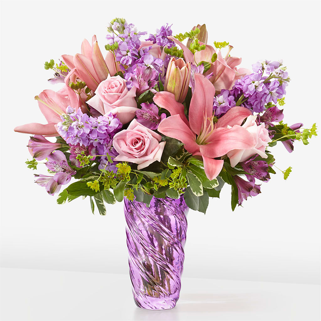Precious Petals Bouquet with Luxe Swirl Vase – Sandelas Flower Shop, Chicago IL