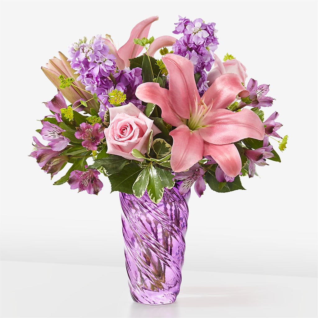 Precious Petals Bouquet with Luxe Swirl Vase – Sandelas Flower Shop, Chicago IL
