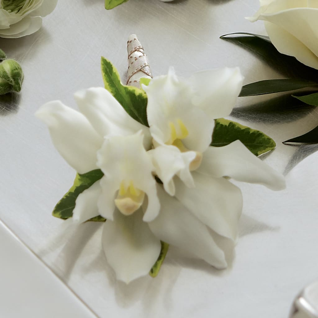 White Mini Cymbidium Boutonniere – Sandelas Flower Shop, Chicago IL